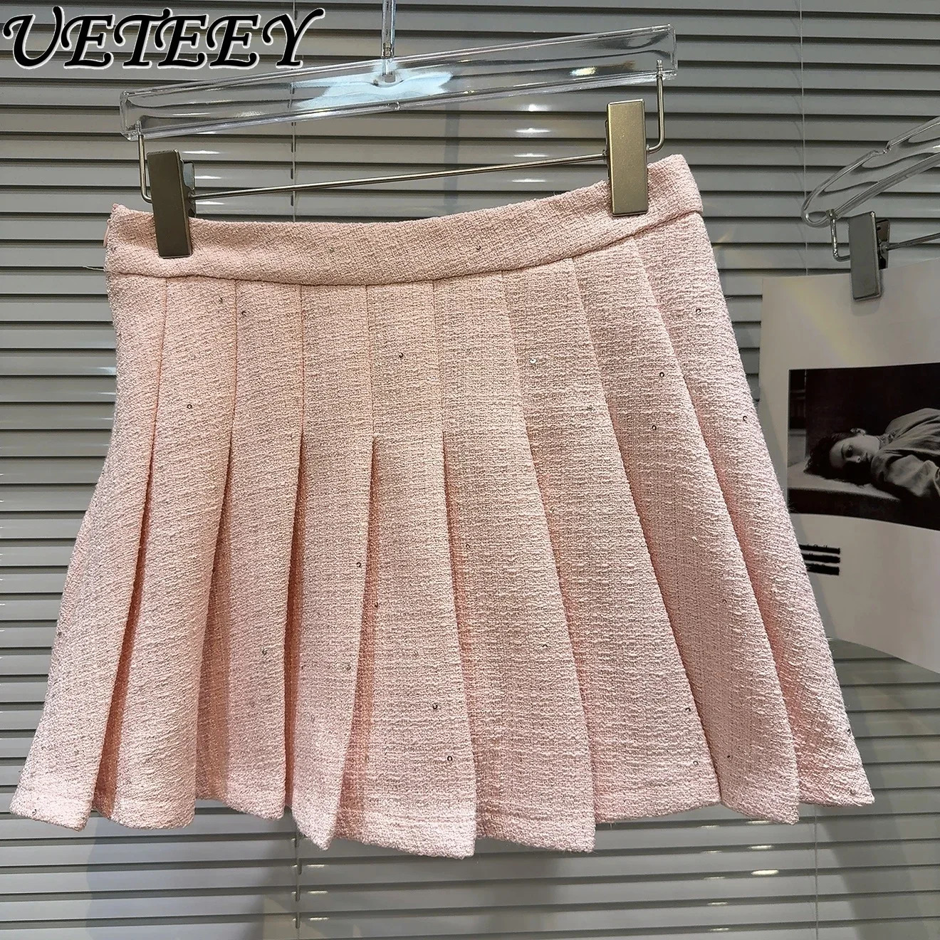 Autumn and winter pearl bow short jacket long sleeved crew collar jackettweed mini skirt sweetheart girl twopiece set 241211