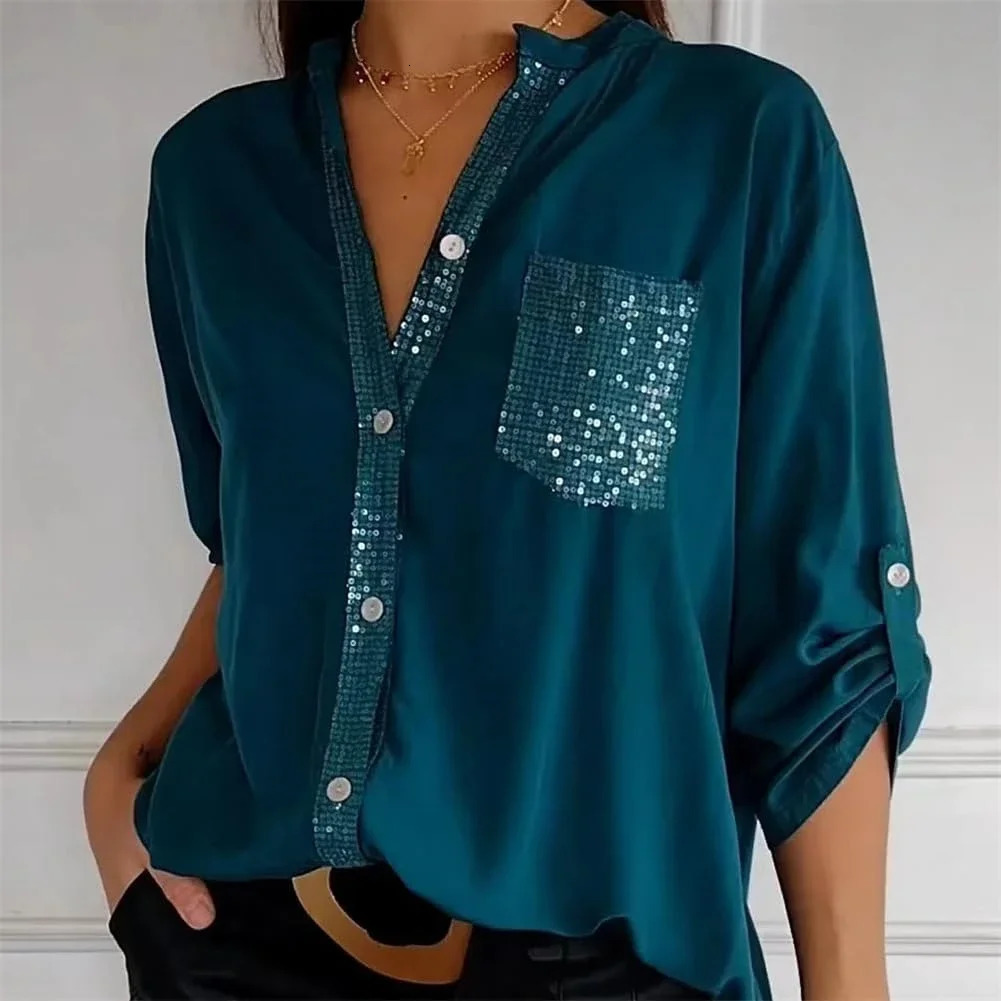 Sequin Vneck Midsleeve Casual ShirtsWomen Summer Blouses Loose Collar Button Solid Color Sun Protection Pocket Shirt 241218