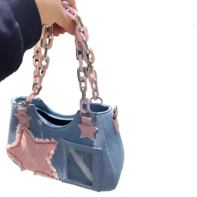 Y2K Vintage Shoulder Korean Fashion Underarm Haruku Star Tote Denim Bag Chain Ladies Bags Zip Purses Handbags Women