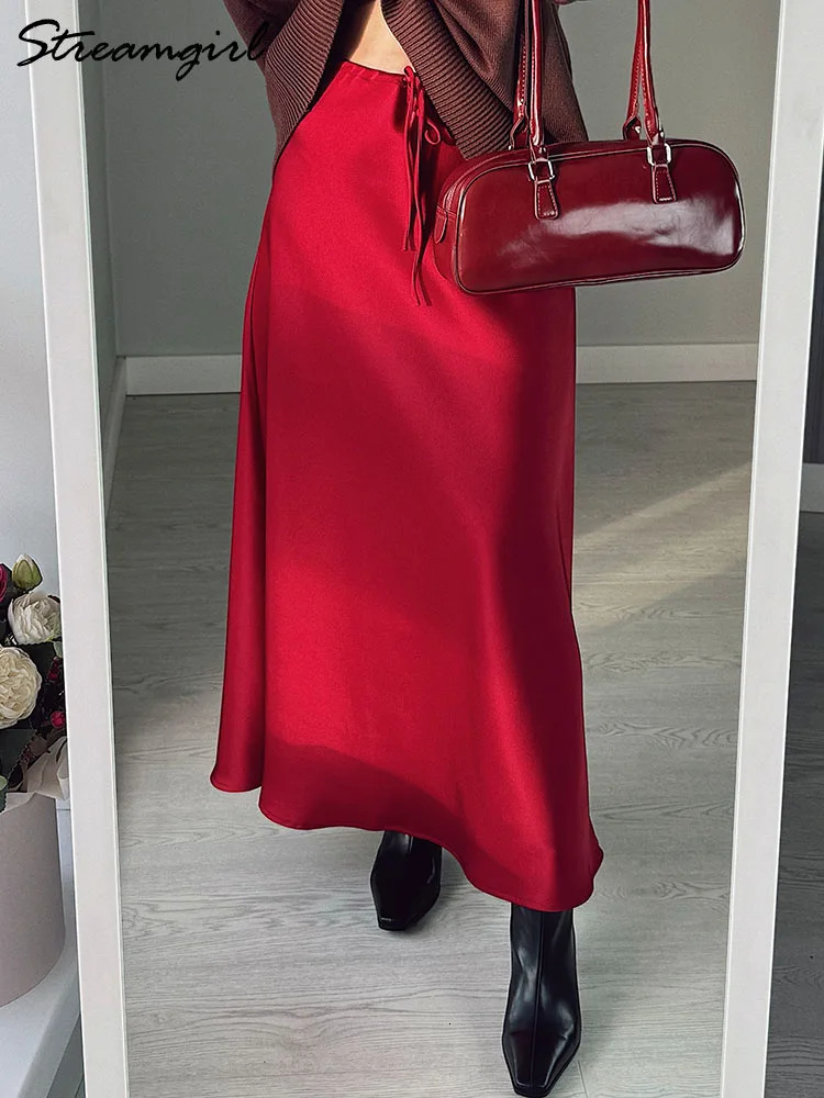 Long Black Satin Skirts For Women Autumn Winter Maxi Brown Burgundy Ladies Green Lace Up Silk Skirt 241217