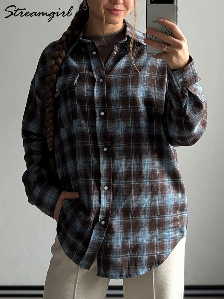 Plaid Oversized Shirts For Women Office Autumn Winter Loose Buttoned Shirt Pocket Long Sleeve Vintage Blouses 241218