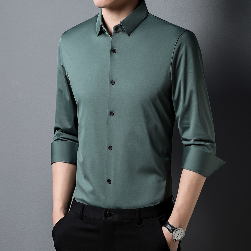 M12214 Spring men's seamless shirt long sleeves middle-aged and young men's shirt solid color
