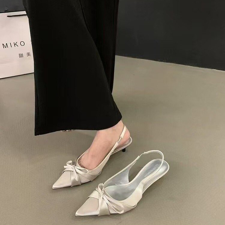 French pointed bow high heels for women, slim heels, 2024 new summer style, socialite, Baotou cool shoes