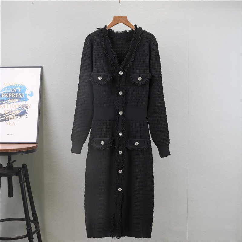 Elegant Slimming new Autumn French Fashion Knitted Mid Length Women V Neck Sweater Party Dress New
