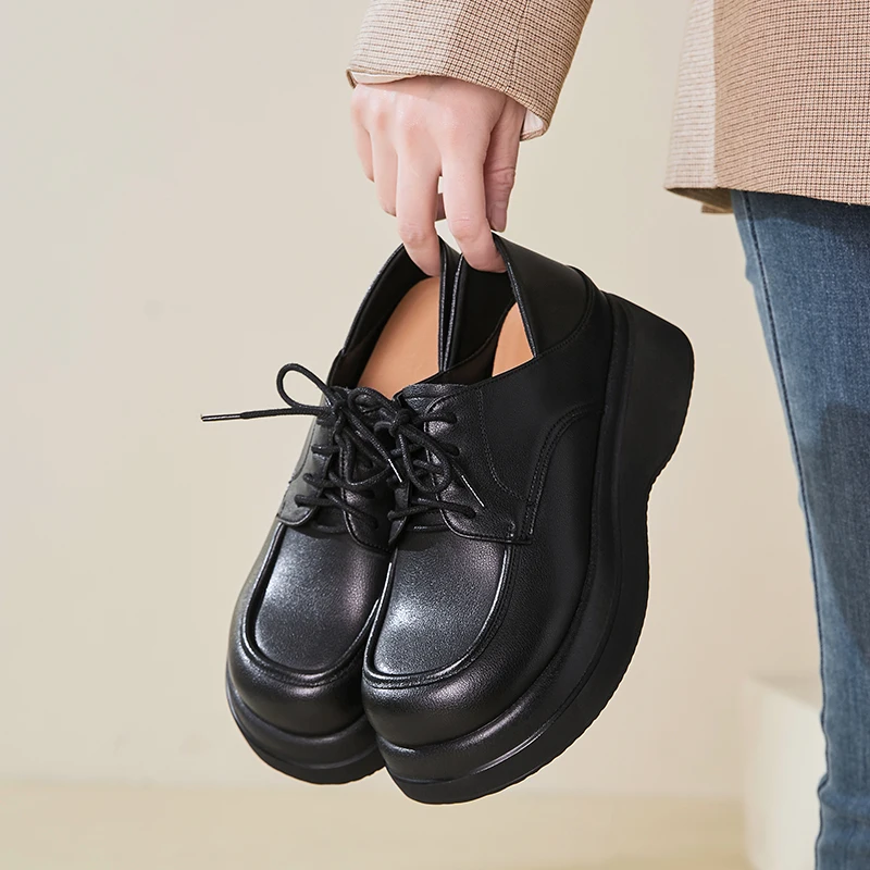 AIYUQI Loafers Female Genuine Leather Spring Platform Ladies Shoes Large Size Lace-up Strap Women's Shoes
