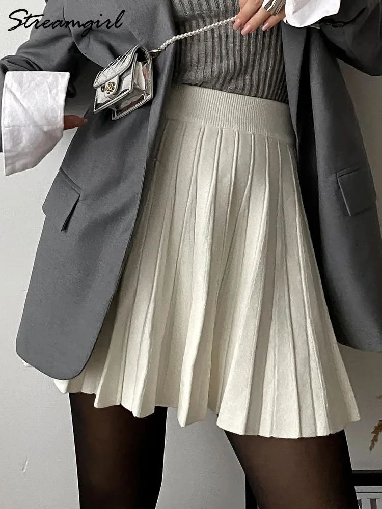Knit Black Mini Pleated Skirts For Women A Line Winter Short Skirt Lady Gray High Waist Knitted White 241217