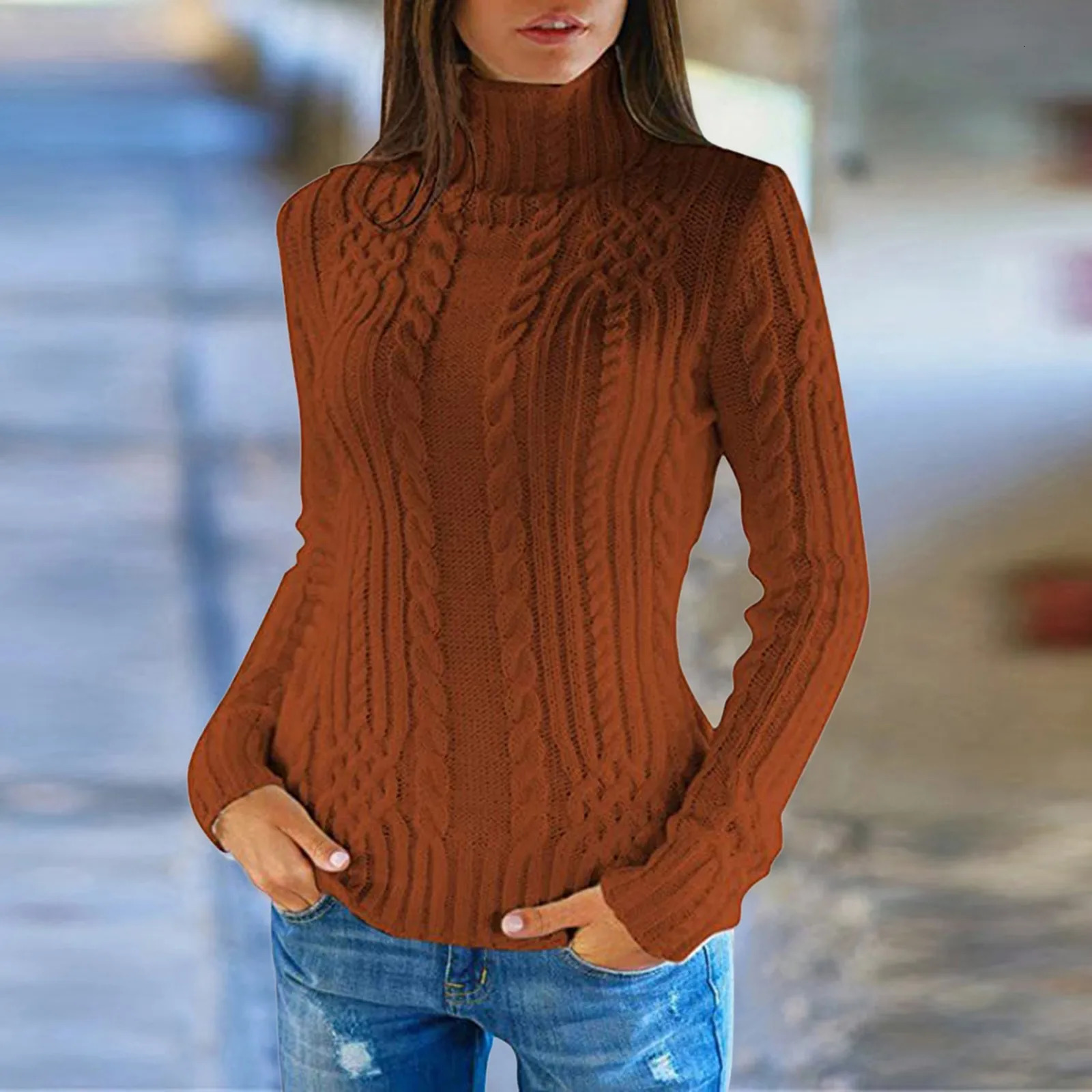 Womens Autumn And Winter Regular Turtleneck Long Sleeved Knitted Sweater Solid Color Basic Soft Pullover Sweaters For Women 241217