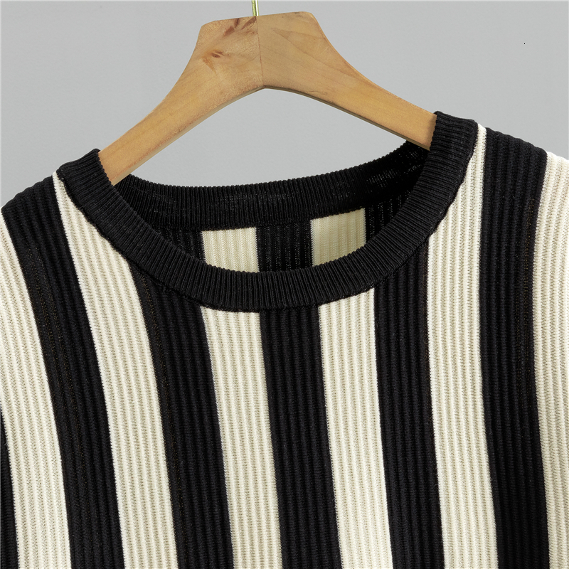 Chic Fashion new Spring Vintage Striped Women O Neck Casual Loose Split Knitted Pullover + Wide Leg Pants Two Piece Set