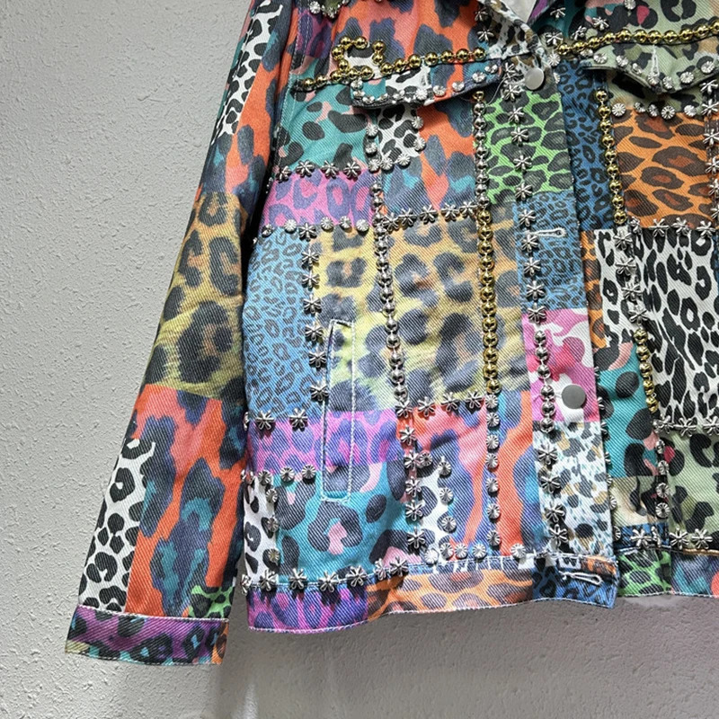 DEAT Women Denim Coat Colorful Leopard Printed Flowers Rivets Thick Plush Loose Single Breasted Jackets 2025 Spring Fashion 241220