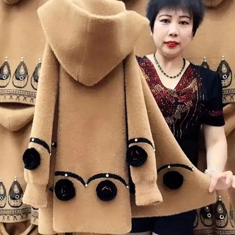 2023 Autumn Winter Middle Aged Women Faux Mink Cashmere Sweater Coat Thicken Hooded Mother Knitted Cardigan Woolen Coats 241220