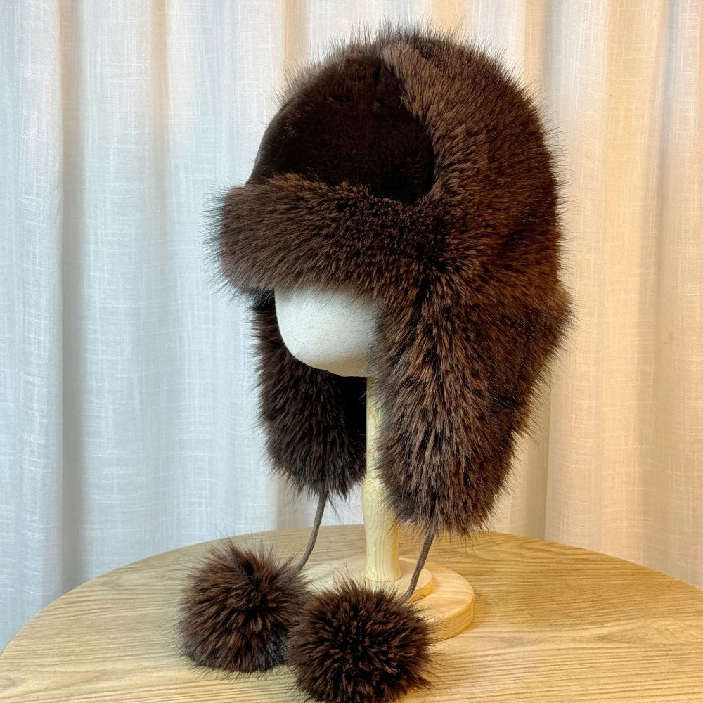 Womens faux mink fur plush hat for winter warmth plus velvet thick pilot hat for outdoor skiing ear protection hat Leifeng hat 241220