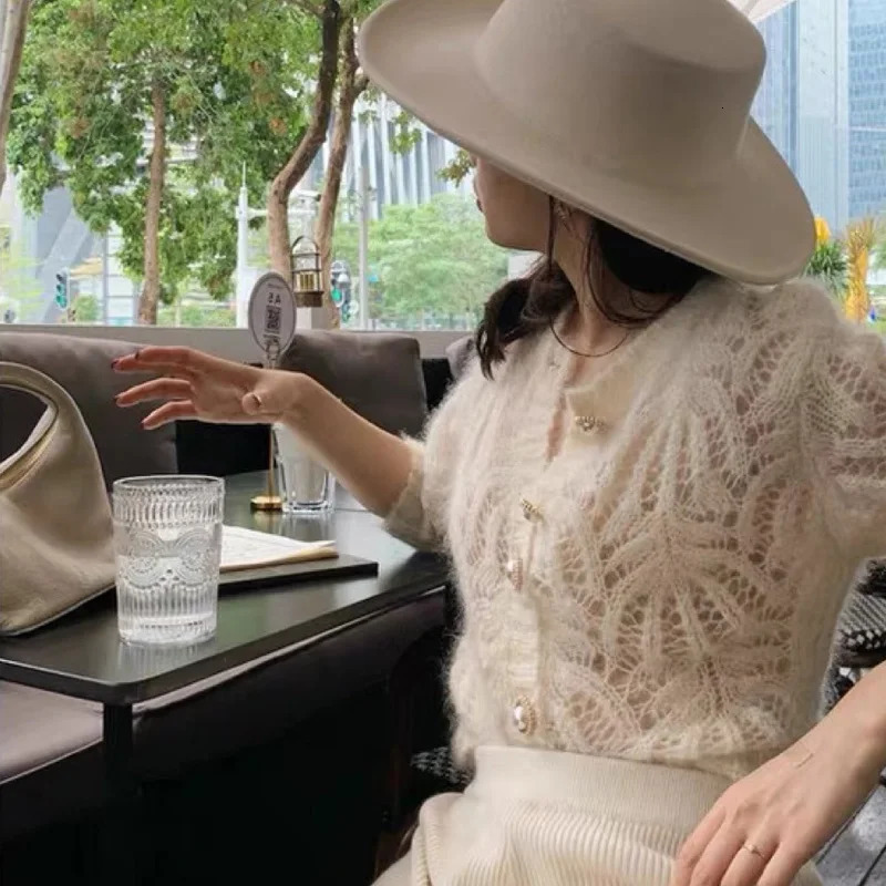 Short O Neck Pearl Buckle White Hollow Out Thin Women Knitted Cardigan Fashion French Casual Loose Lady Sweater Tops Jumper 7620 241220