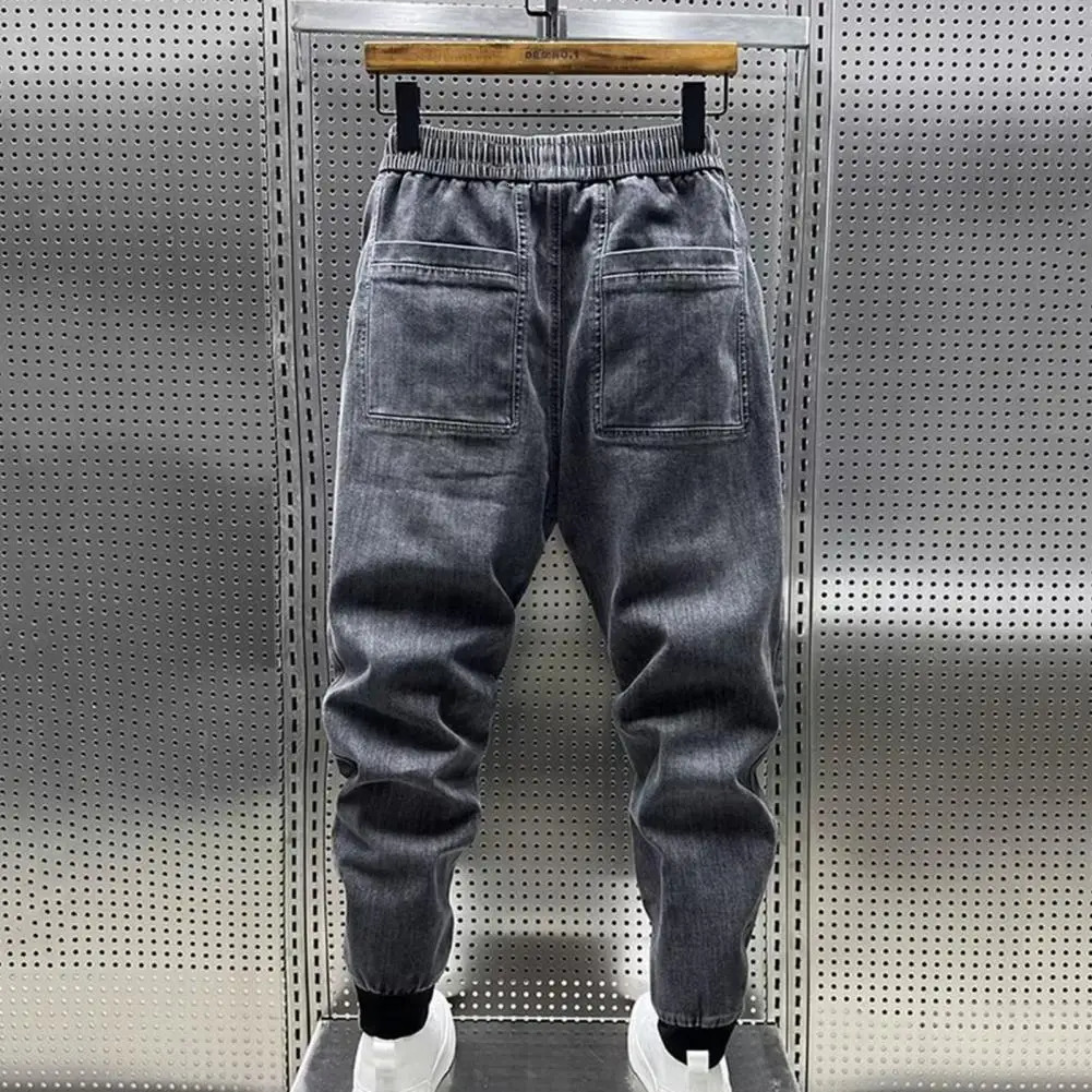 Spring Autumn Men Jeans Elastic Drawstring Waist Pockets Denim Trousers Solid Color Casual Cargo Harem Pants Mens Clothing 241219