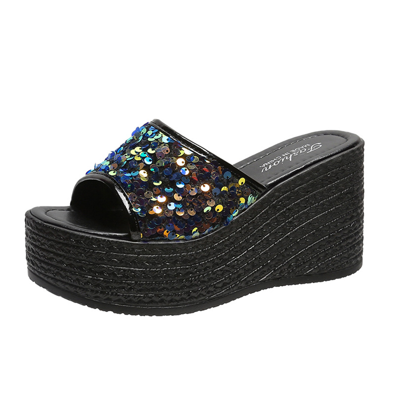 Summer new foreign trade large size women's wedge sandals sequined European and American style casual comfortable black soles 34-43