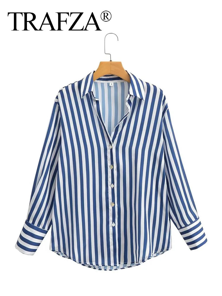 TRAFZA Women Stripe Long Sleeve Blouse Vintage Lady Top Y2K Loose Street Shirts Spring Fashion Button Up Satin Shirt 241218