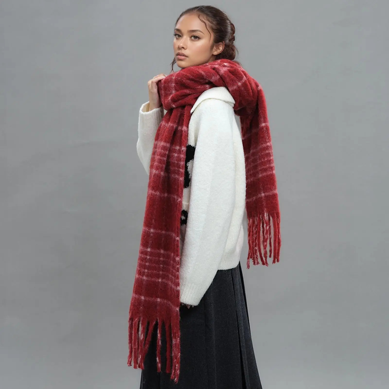 Plaid Scarf With Wool Tassel Winter Mohair Warm Scarves For Men And Women 200*37CM 241220