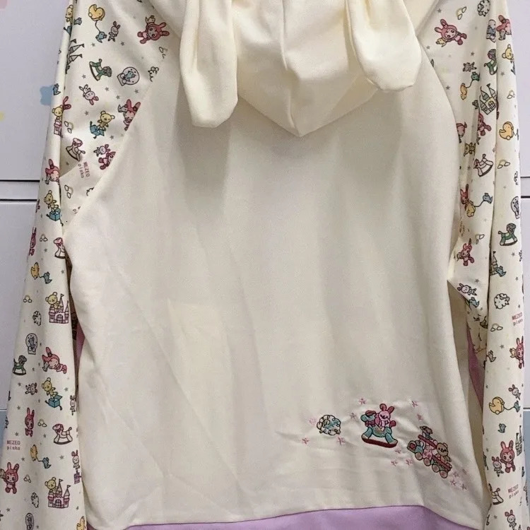 Japanese Y2k Aesthetic Embroidery Kawaii Hoodie Rabbit Ear Hooded Jacket Cartoon Print Sweatshirt Harajuku Contrast Tops 241220
