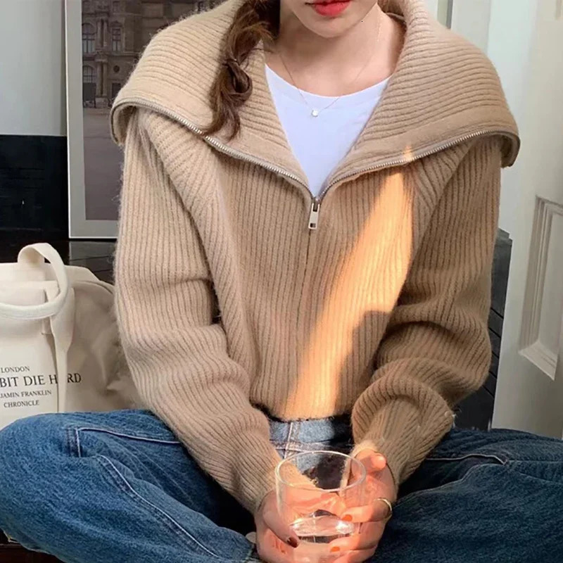 EVNISI Autumn Winter Women Turndown Collar Solid Knit Loose Casual Sweater Zipper Cardigan Warm Long Sleeve Office Coat 241220