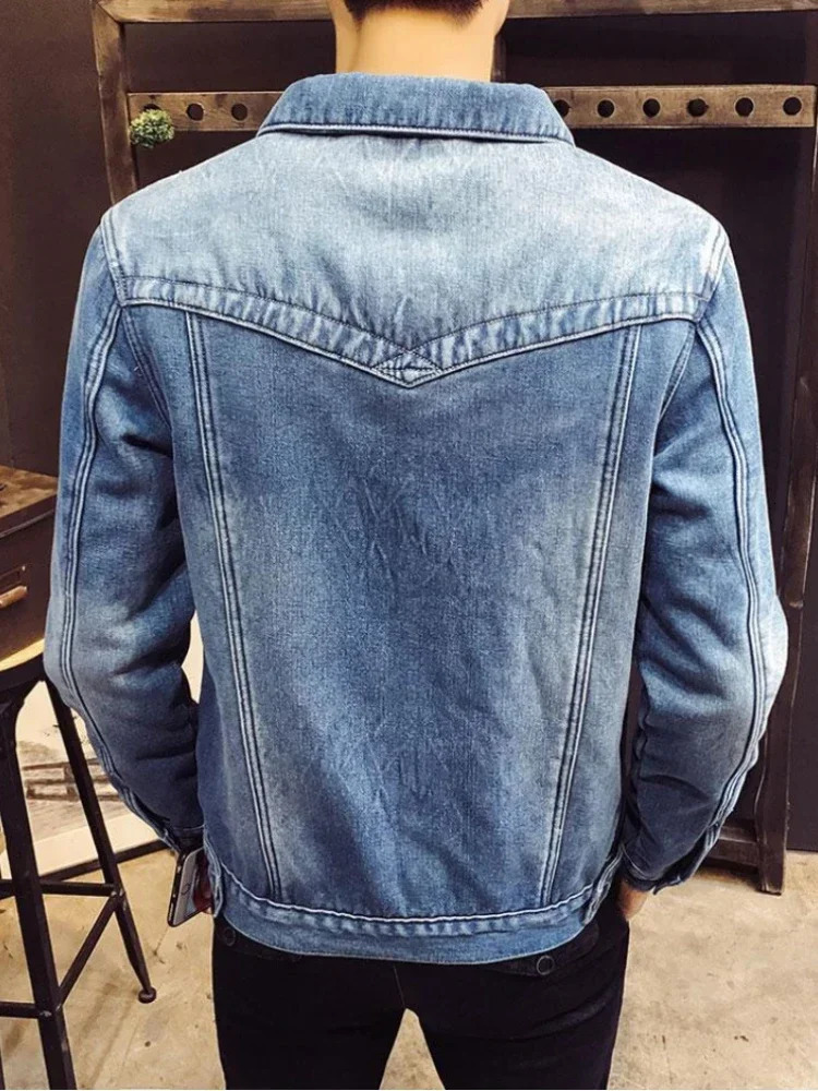 Male Jean Coats with Sheep Mens Denim Jacket Warm Padding Black Padded Wool Button in Lowest Price G Winter Outerwear One Piece 241216