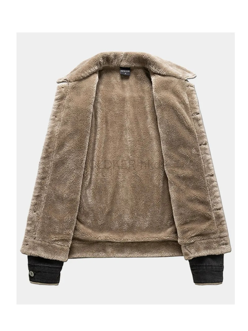 COLDKER Autumn Winter Fur Collar Jacket for Men Warm Thicken Fleece Mens Jeans Jacket and Coat Casual Fashion Denim Jacket Men 241220