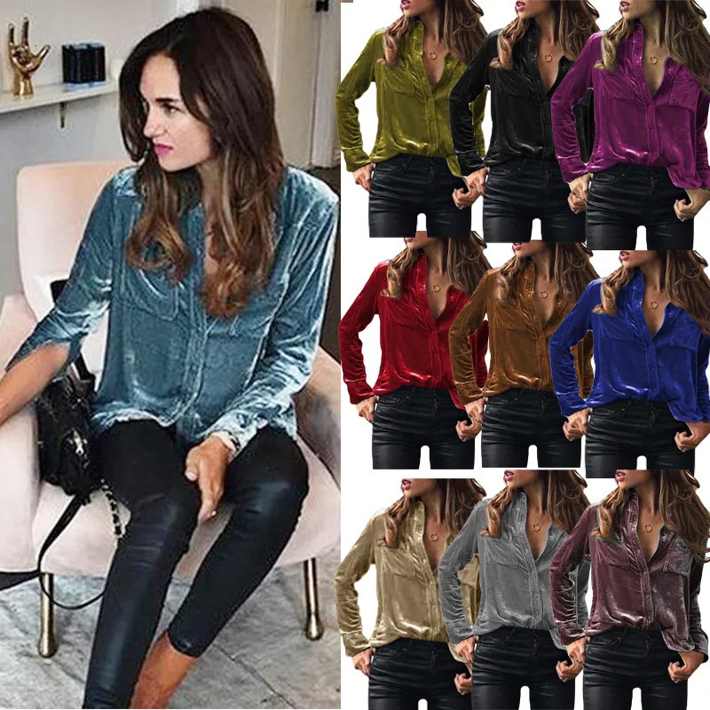 Shirt for Women Autumn Velvet Button Up Velour Ladies Pocket Winter Long Sleeve 241218