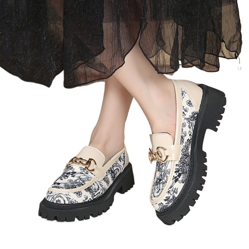 Mixed Color Embroidery Thick Sole Loafers Genuine Leather All-Match Casual Shoes Round Toe Platform Mid Heel Women Pumps