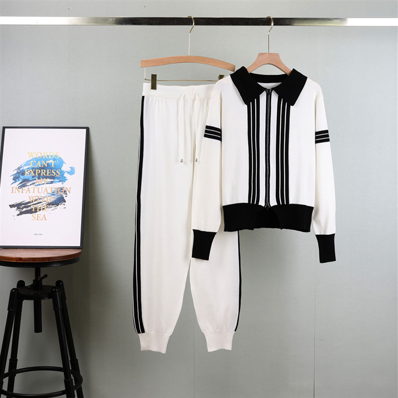 Leisure Sports Knitted Long Sleeve Women's new Autumn New Stand Collar Zipper Cardigan Trousers 2Pcs Track Suit