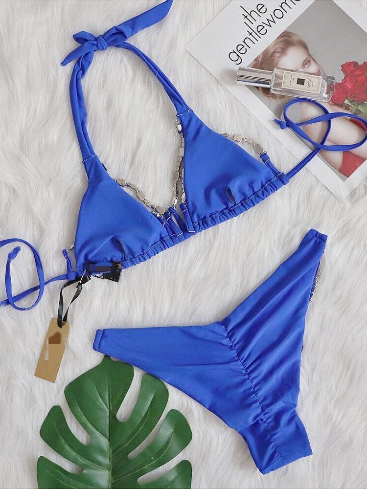Sexy Bikini Designer Set Shining Hot Pink Push Up Thong Women's Swimsuit Brazilian Dia Metal Chain Beach Swimsuit