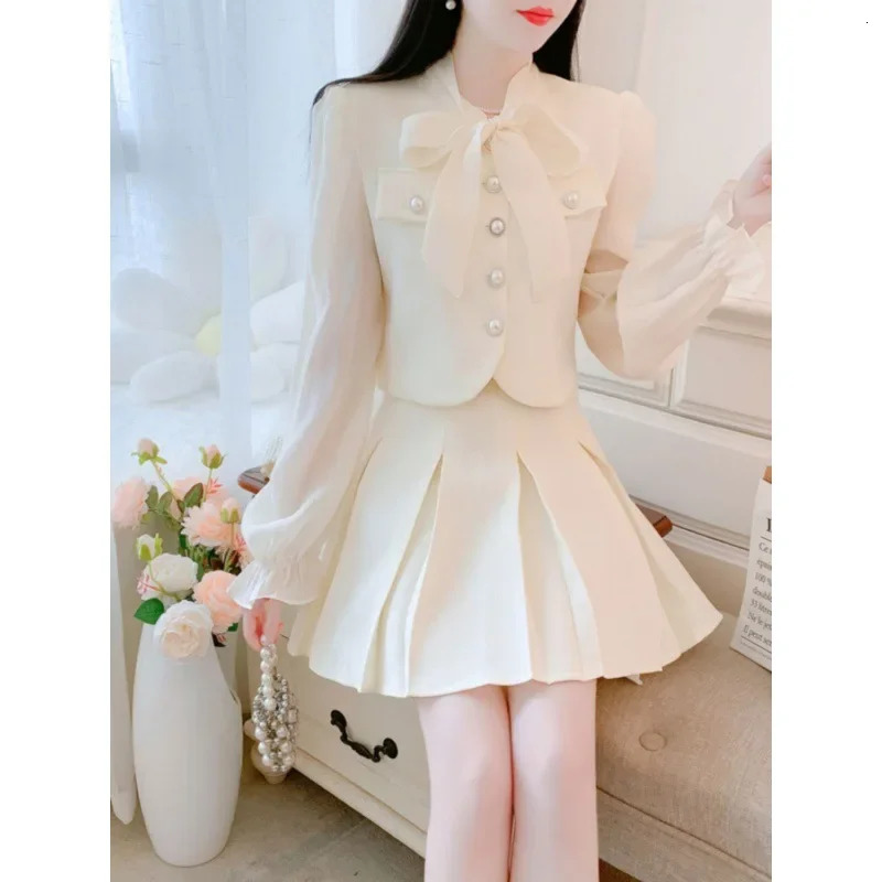 Spring and summer French style social suit dress two pieces of coarse tweed bow tie shirt high waisted mini for women 241211