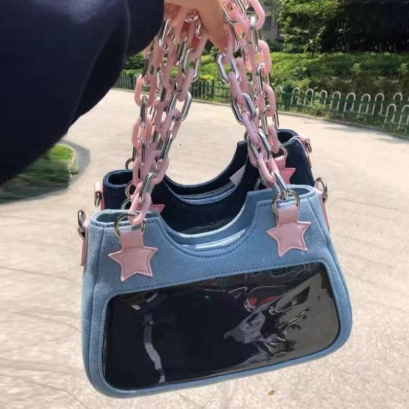 Y2K Vintage Shoulder Korean Fashion Underarm Haruku Star Tote Denim Bag Chain Ladies Bags Zip Purses Handbags Women