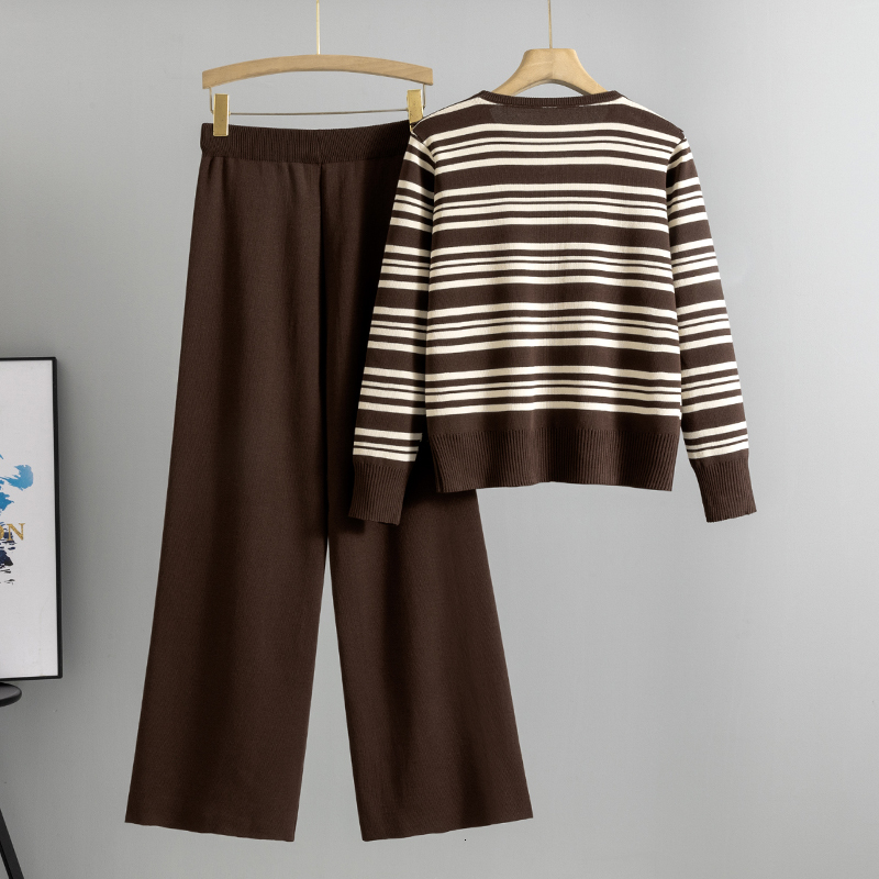 Spring Two Piece Sets Women Knitted Sweater Suit Elegant Doll Collar Stripe Knit Cardigan Wide Leg Pants Two-Piece Set