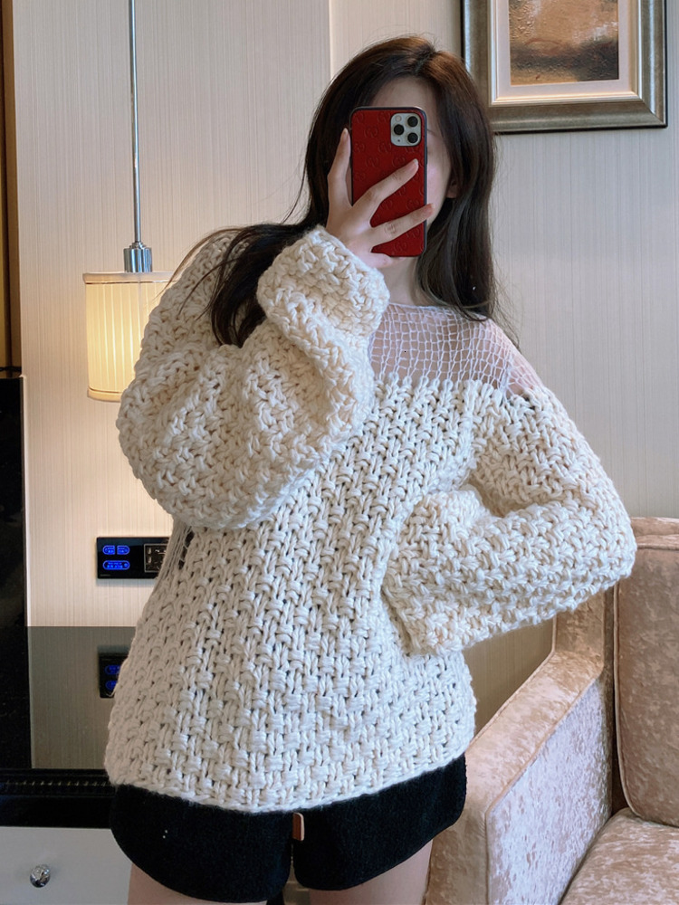 SHENGPALAE Fashion Chic Hollow Out Sweater Women's Autumn 2024 New Round Neck Loose Long Sleeve Knitted Pullovers Female 5E3541