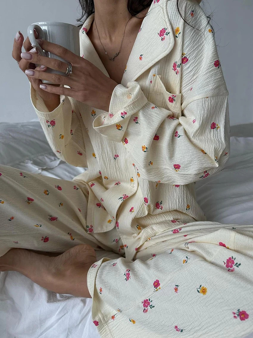 Marthaqiqi Cotton WomenS Pajamas Set Long Sleeve Nightwear Turn-Down Collar Nightgowns Pants Loose Printing Home Clothes Femme 241217