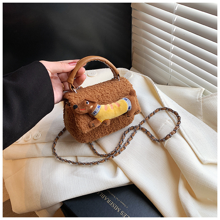 Handheld Plush Cartoon Sausage Dog Small Square For Winter Fashionable And Casual High-end Western Style Shoulder Bag