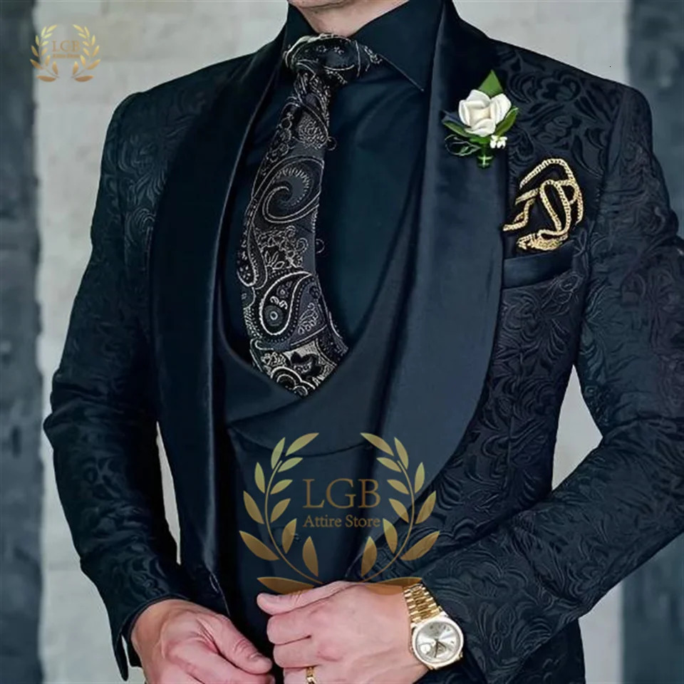 Mens navy blue suit jacket vest trousers 3 piece weddingdinner fashion floral groom clothes 241220