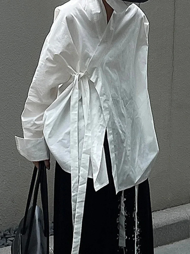 XITAO Solid Belt Shirts Woman Korea Spring Arrival Personality Fashion Loose Vneck Full Sleeve Casual FBB1679 241218