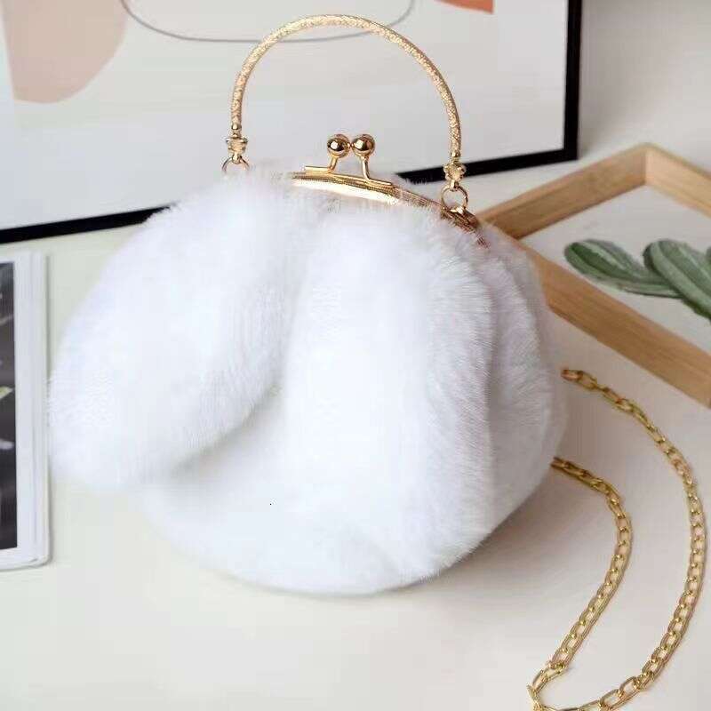 Plush shoulder for women's handheld crossbody chain mobile phone versatile and fashionable small round bag, rabbit ear clip buckle bag