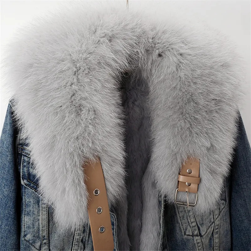 Real Fox Fur Collar Rabbit Hair Liner Denim Jacket Women Casual Cow Outerwear Winter Thick Loose Short Jeans Jacket Female 241220