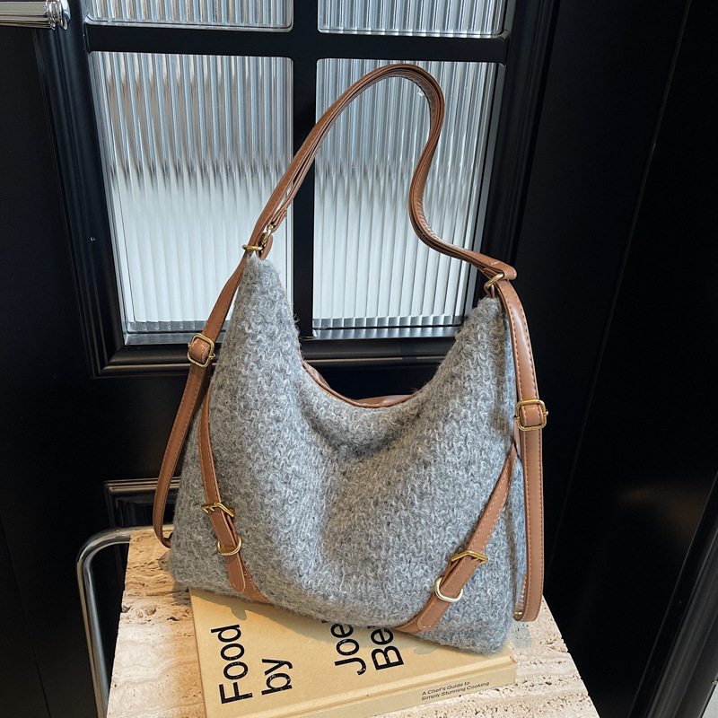 Bag Woolen Backpack, Large Capacity Tote Bag, Women's 2024 Winter New Fashion Trend, Underarm Commuting Versatile Shoulder Bag