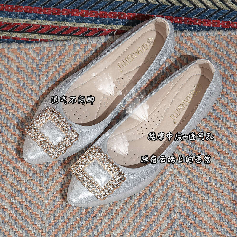 Water Diamond Single For Women 2025 Spring And Summer New Style Pointed Flat Breathable Square Button Bean Shallow Mouth Soft Bottom Lazy Shoes