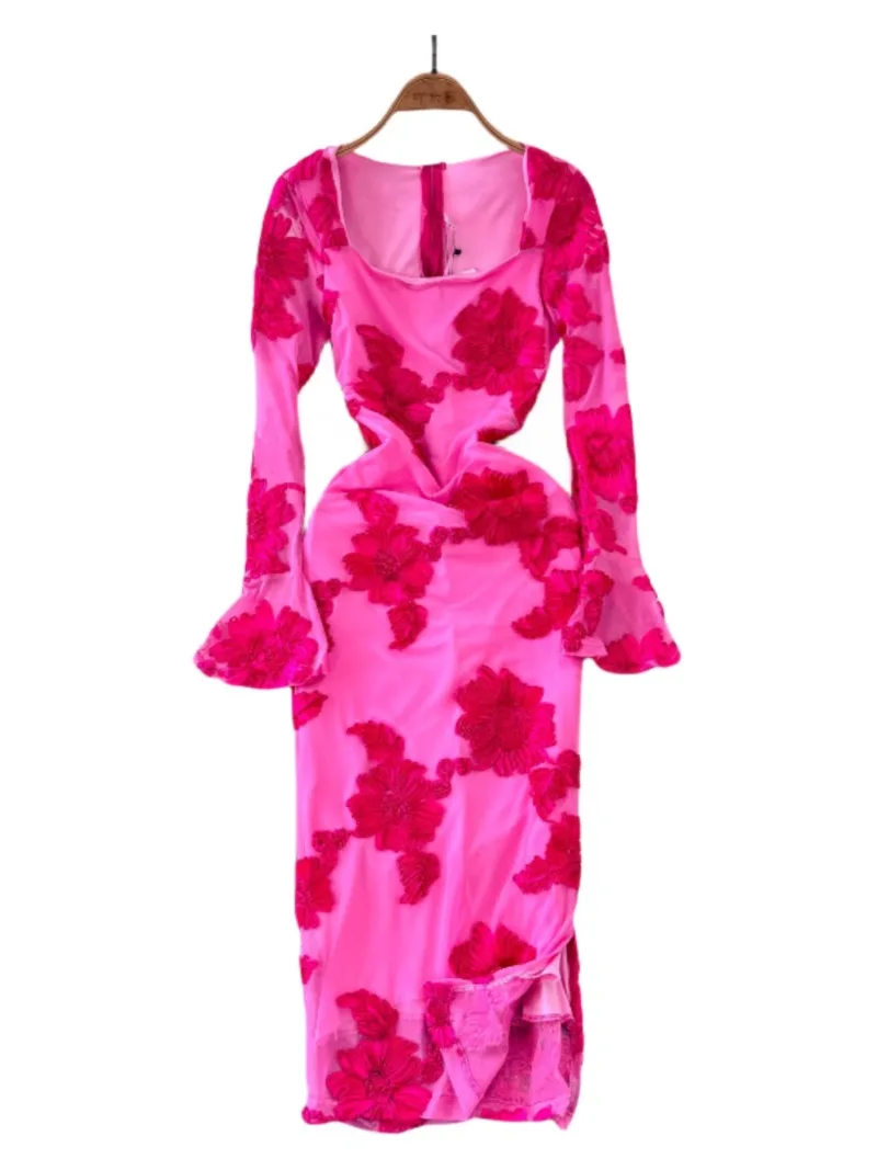 Basic Casual Dresses High Street Dresses Women Square Collar Luxury Socialite Style Bodycon Dress Embroidered Floral Slim Medi Flared Sleeve Vestidos 