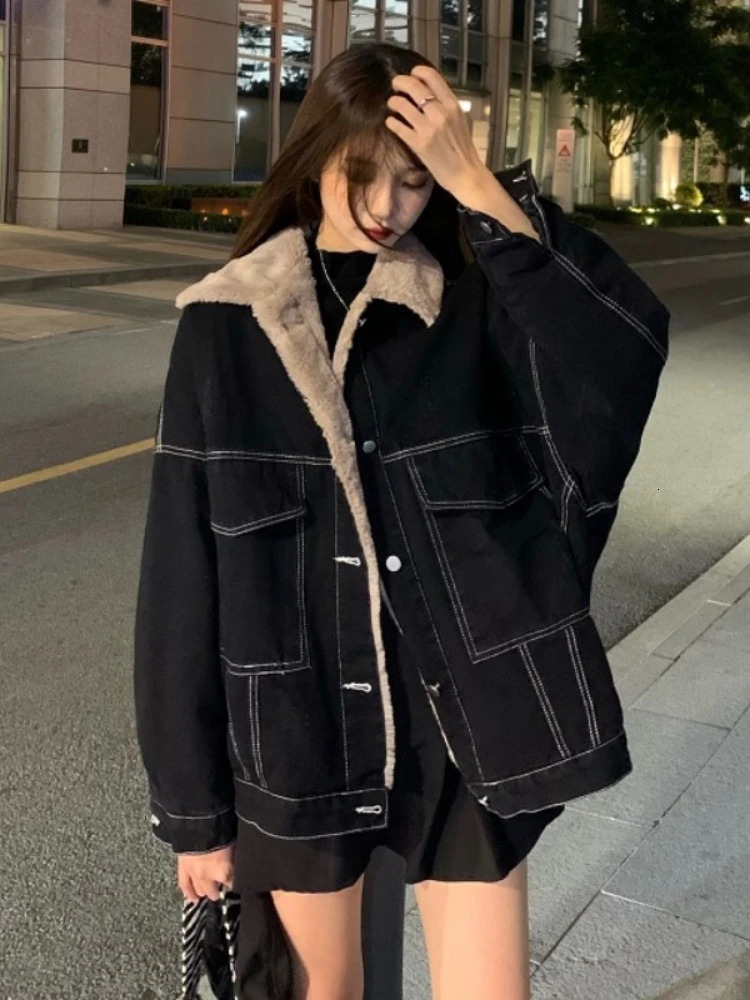 Korean Fashion Winter Womens Jacket Warm Collar Cowboy Thick Jacket Casual Work Clothes Cotton Pad Jacket Womens Top 241219