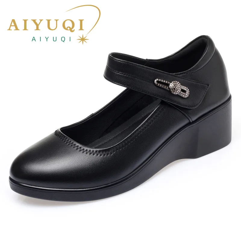 AIYUQI Women Spring Shoes Genuine Leather Large Size Casual Wedge Women Shoes Shallow Mouth Rhinestone Shoes Ladies