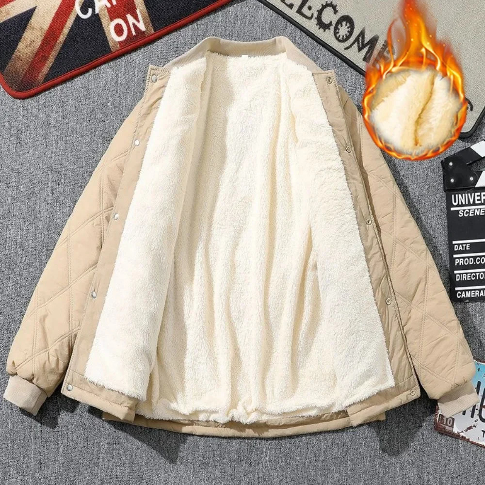 Men Winter Rhombus Cotton Padded Jacket Casual Thick Lambswool Lattice Streetwear Korean Coat Vintage Baseball Cold-proof Parka 241216