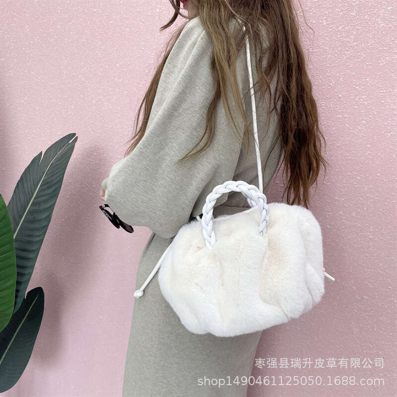 Autumn and Winter New Imitation Woolen Women's Pumpkin Drawstring Woven Rope Handbag Single Shoulder Crossbody Plush Bag