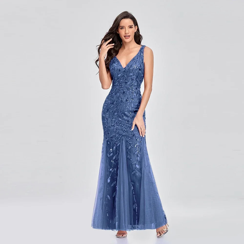 Womens Sleeveless Embroidered Beaded Fabric Evening Gown V Neck Elegant Mermaid Skirt Dress Formal Party Dress Catwalk Stage 241217