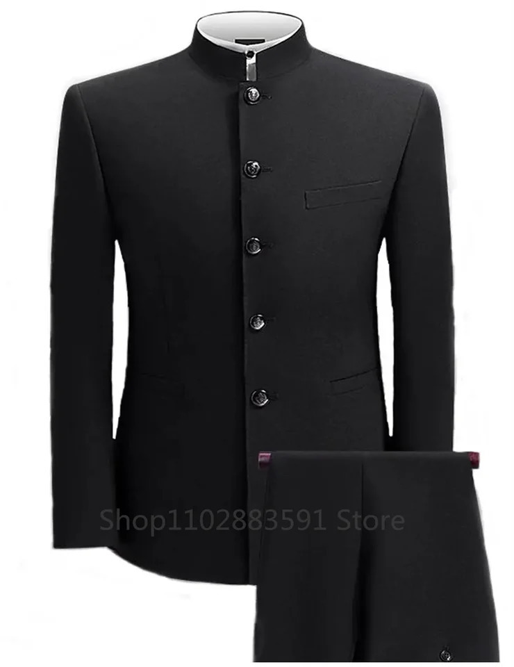 XS5XL Formal Mens Busines 2 Pieces BlazerPants Stand Lapel Pants 2024 Jacket Flat Suit Slim Fit Coat Groomsmen Party 241220