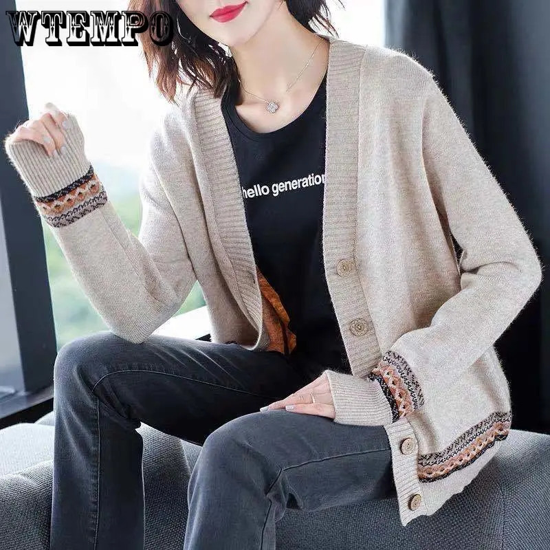 WTEMPO Spring Autumn Solid Color Womens Knitted Cardigan Long Sleeve Korean Loose VNeck Button Sweaters Coat Female Clothing 241220