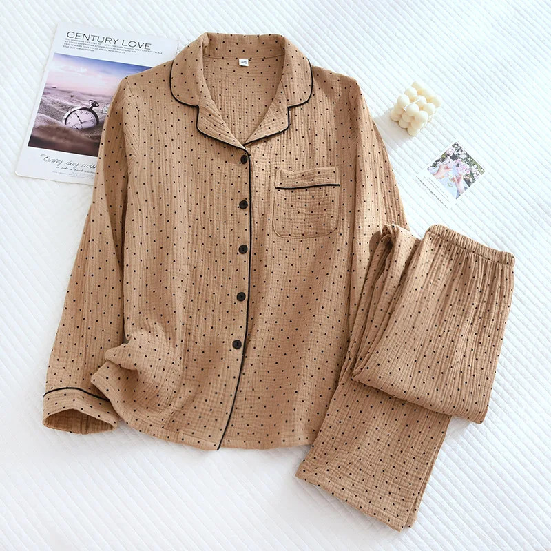 100% Cotton Gauze Summer Women Pajamas Polka Dot Print Sleepwear Spring Female 2 Piece Set Nightwear Lady Pyjamas Loungewear 241217