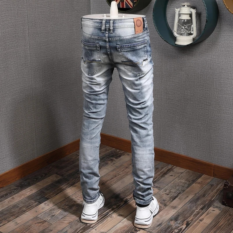 Fashion Men Jeans Retro Light Blue Stretch Slim Fit Printed Ripped Jeans Men Hole Trousers Vintage Casual Pants Hombre 241219